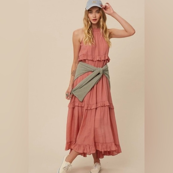 Listicle Pink Maxi Sundress with Tiered Ruffles and Halter Neckline - Picture 1 of 13